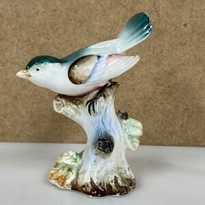 Vintage Porcelain Bird Perched On Tree Stump Figurine Shelf Sitter - Read